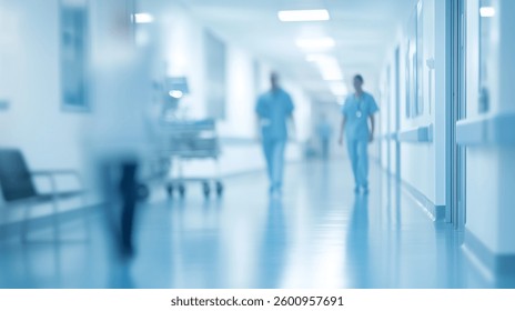 Blurred background of a hospital interior with medical equipment and people in motion, a light blue color theme.