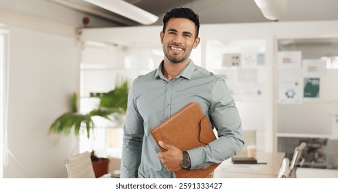 Business man, startup and face with smile in modern office with confidence, pride and excited for career growth. Person, employee and happy in workplace for portrait at creative media agency in Qatar