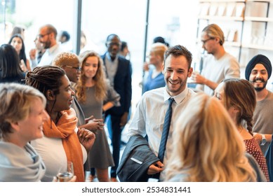 Diverse group of people networking at a social event. Men and women of various ethnicities engaging in conversation, smiling, and enjoying the gathering. Diverse people mingle at social event.