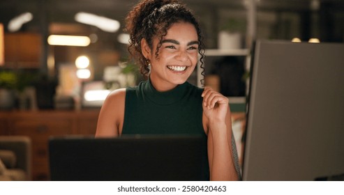 Happy, computer and success with business woman in office for magazine layout, art director and client approval. Media feedback, creative project and good news with person in design agency at night