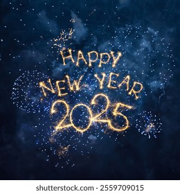 Happy New Year 2025. Beautiful New year congratulations. Square creative holiday web banner or Greeting card with firework and sparkling text Happy New Year 2025 on night blue sky background