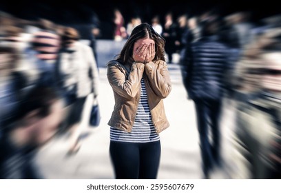 Stress, anxiety, fear or panic attack in public. Woman with mental health disorder. Phobia of crowd of people. Schizophrenia, agoraphobia or paranoia. Busy city street. Depressed introvert person.
