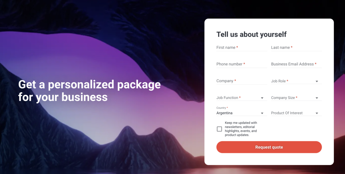 shutterstock pricing, screenshot of business plan submitting form