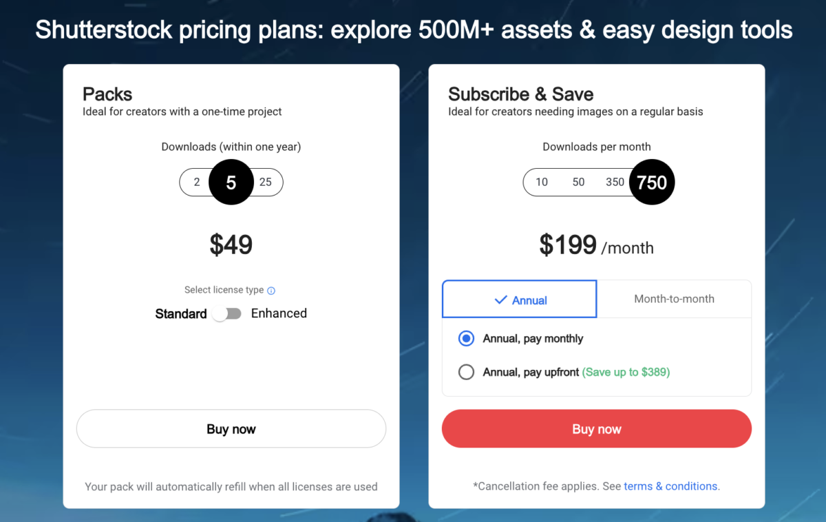 shutterstock pricing, screenshot of image prices