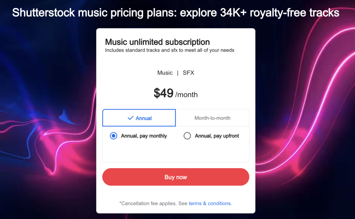 shutterstock pricing, screenshot of music prices