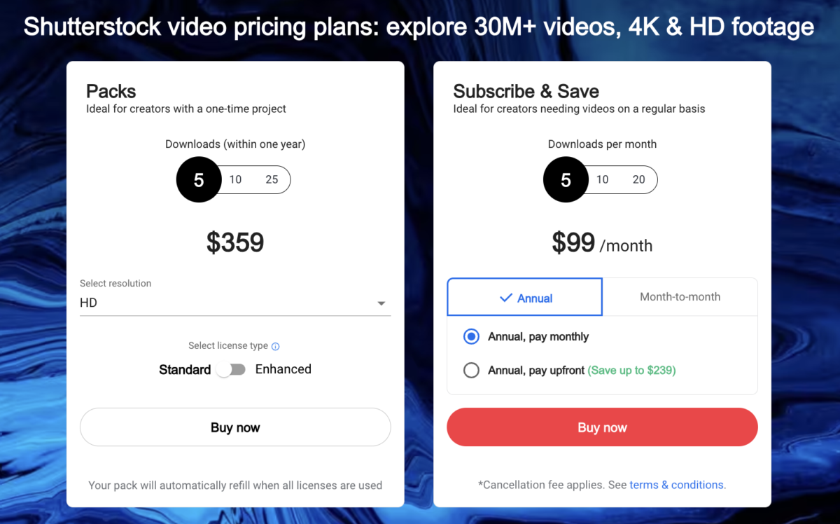 shutterstock pricing, screenshot of video prices